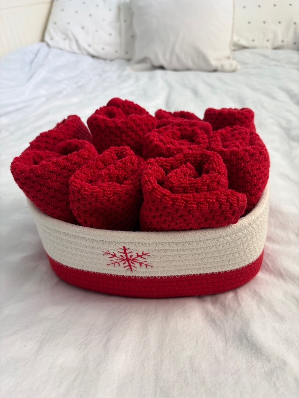 Red Knit hand towel Rolled in Festive White & Red Basket